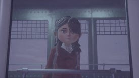 Little girl in red jacket looks sadly out of a window in a screenshot from Gylt