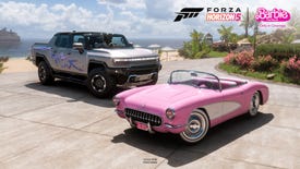 Two Barbie crossover cars in Forza Horizon 5: a pink Chevrolet and a grey Humvee.