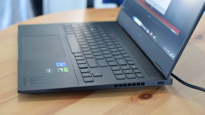 A side view of the HP Omen Transcend 16 gaming laptop.