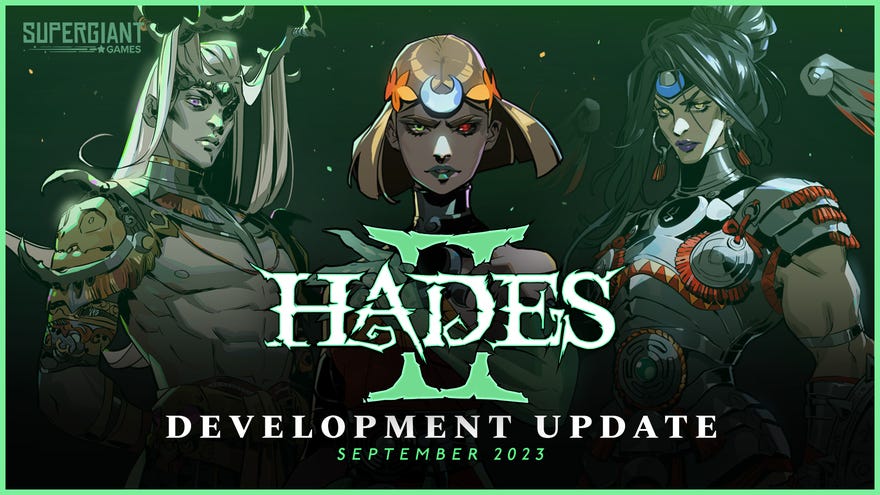 A piece of Hades 2 concept art with a banner reading "development update" and the witchy main character looking out at the viewer.