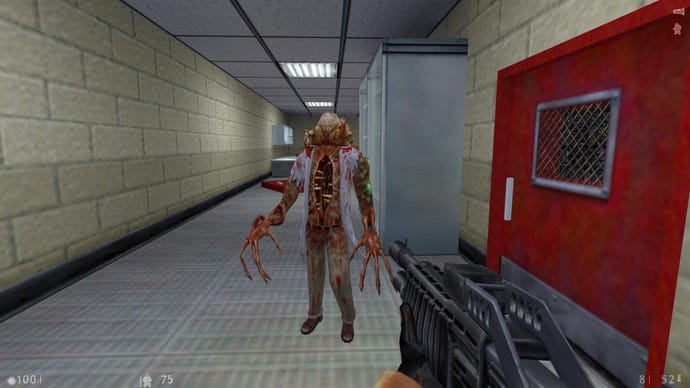 A head-crab zombie advancing down a corridor in Half-Life