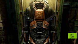 A close view of Gordon Freeman's HEV suit in Half-Life 2 RTX.