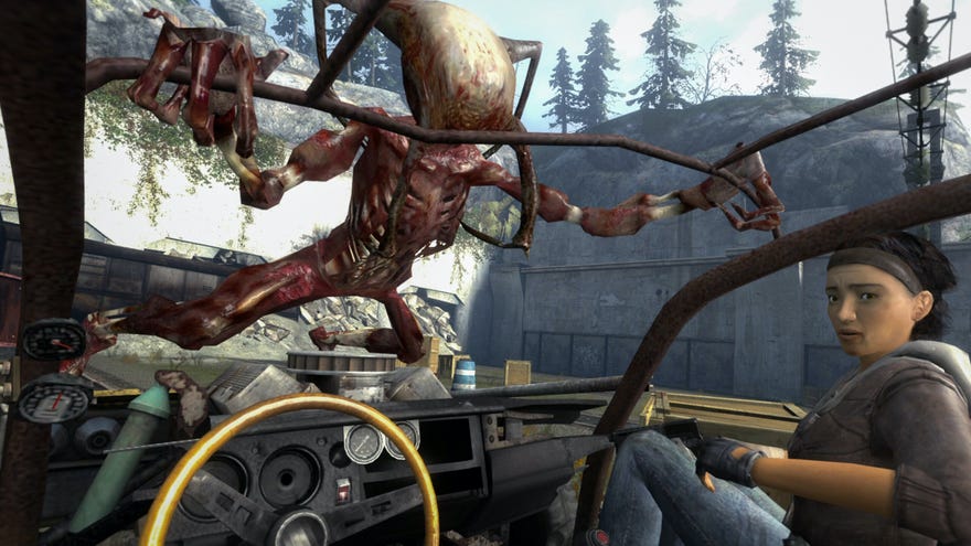 Alyx sits in the passenger seat of a vehicle while a head crab man attacks in Half-Life 2