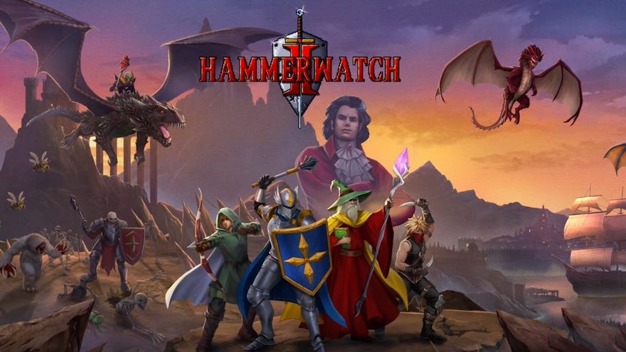 A group consisting of a rogue, a knight, and other fantasy classes pose below the logo for Hammerwatch 2 while a few dragons fly overhead