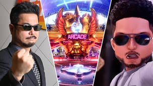 Harada - both IRL and in-game in Tekken 8's Arcade Quest mode – flank an image of the virtual Arcade Tekken 8 calls home.