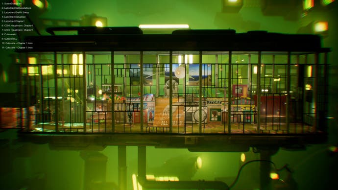 Harold Halibut screenshot showing a diorama of the underwater shopping arcade area surrounded by vivid green ocean
