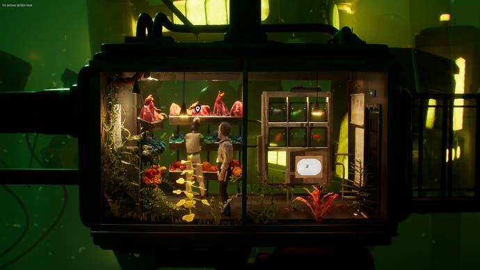 Captura de pantalla de Harold Halibut que muestra a Harold en una pequeña habitación llena de plantas.