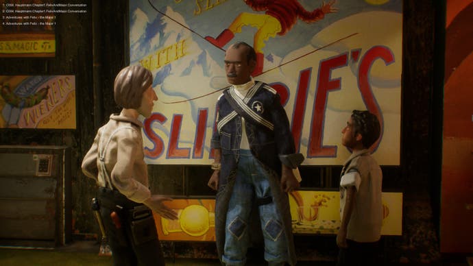 Captura de pantalla de Harold Halibut que muestra a Harold conversando con dos NPC, un oficial de policía y un niño.
