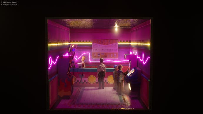 Capture d'écran de Harold Halibut montrant Harold dans une boutique d'arcade de jeux sur le thème rose fluo