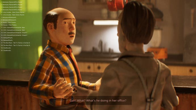 Captura de pantalla de Harold Halibut que muestra a Harold conversando con un hombre calvo con bigote en un hermoso estilo de animación de arcilla.
