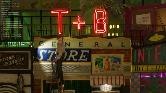 Capture d'écran de Harold Halibut montrant Harold au sommet d'une échelle regardant dowan après avoir réparé une enseigne au néon concernant un magasin général