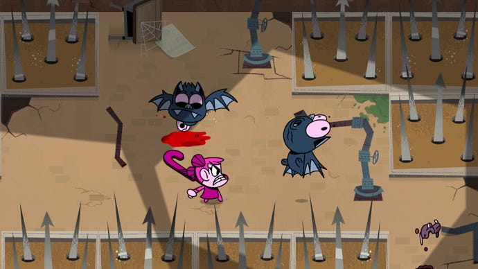 A girl with pink hair fights two cartoon bats with her hockey stick in #blud