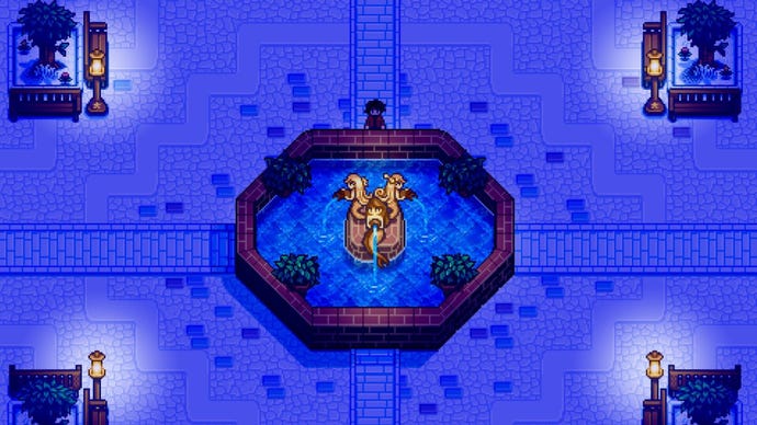 The player character faces a fountain during nighttime in Haunted Chocolatier