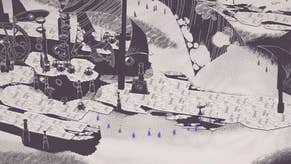 A screen from Hauntii showing a monochrome landscape with craggy rocks and some strange machinery. The whole thing has the hand-drawn style of a great children's book.