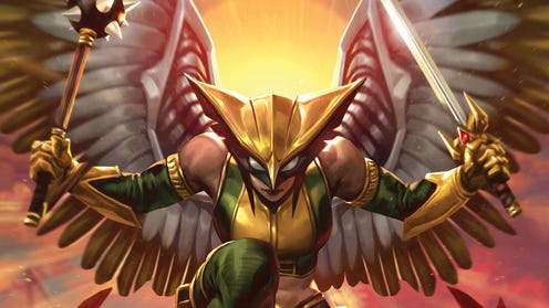 Hawkgirl wields a mace and sword
