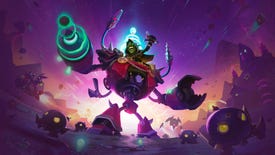 Hearthstone art showing Dr Boom riding a mech, with Boom Bots marching nearby.