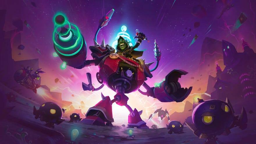 Hearthstone art showing Dr Boom riding a mech, with Boom Bots marching nearby.