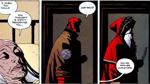 An old woman looking at Hellboy in the doorway, and the third panel shows him looking like Father Christmas