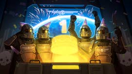 Helldivers 1 anniversary key art, where four trooper celebrate around a cake with a big holographic floating '1' above it.