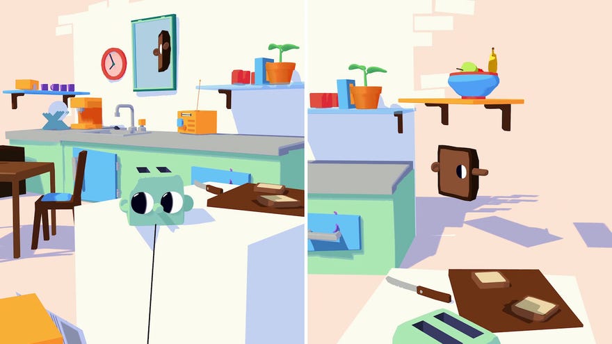 A split image of a google-eyed toaster on the left and a google-eyed slice of toast on the right in Henry Halfhead