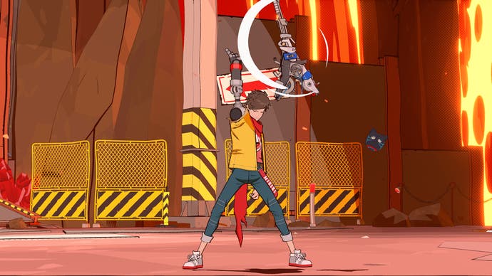 HiFi rush review - Chai throwing up the horns and his guitar in celebration