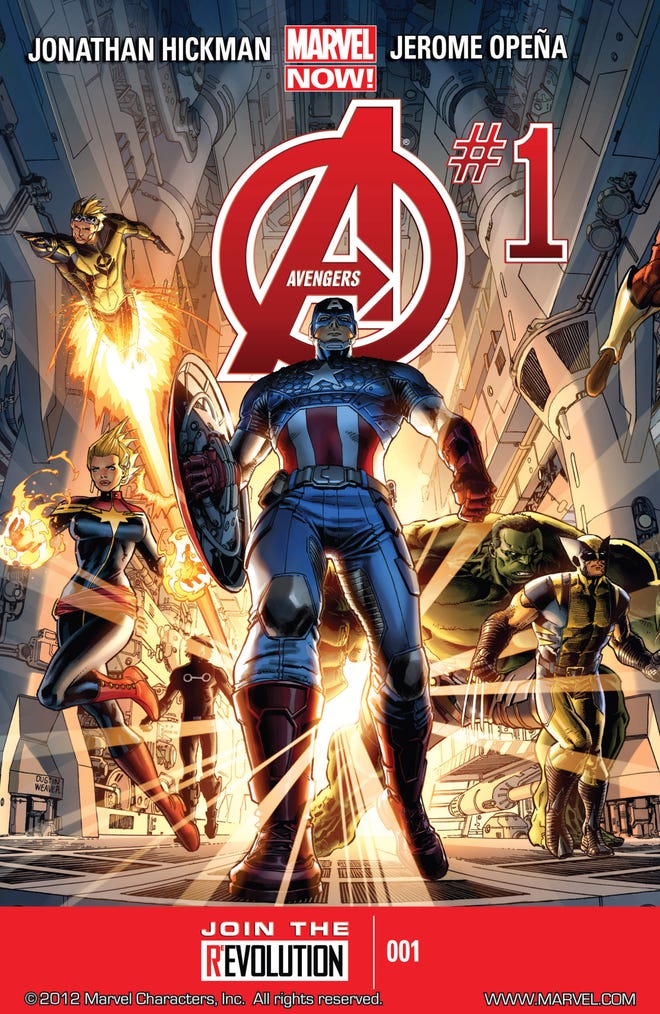 Cover of Hickman's Avengers featuring the avengers including Captain America, Hulk, Captain Marvel