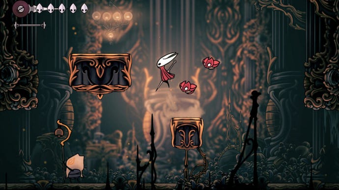 Hollow Knight: Silksong image showing Hornet jumping between platforms in the Gilded City area.