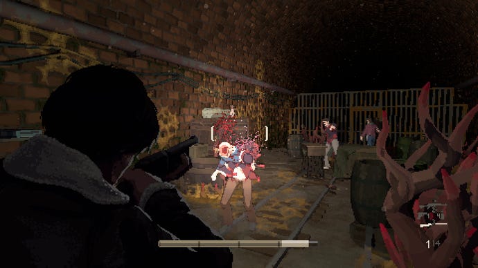 A man fires a gun at several zombies in Holstin