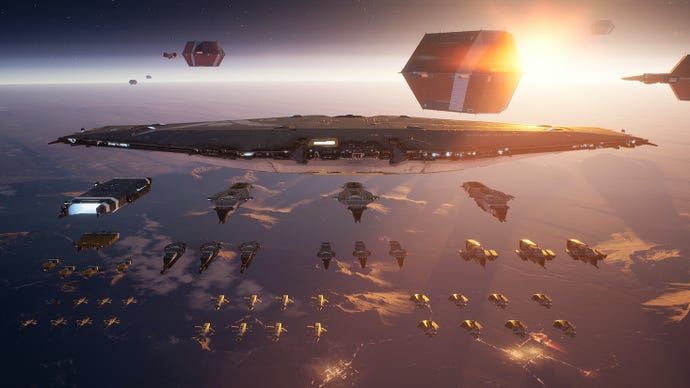 Homeworld 3 screenshot, showing a fleet of spaceships in formation