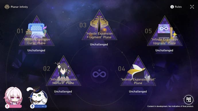 image du menu des différentes étapes de l'événement Planar Infinity