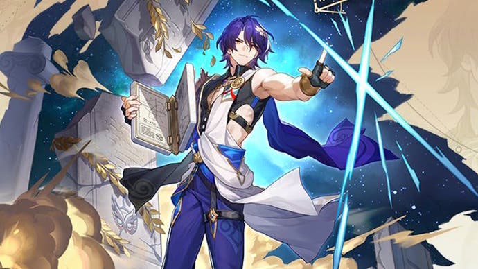 splash art of dr ratio character, who is a short blue haired man resembling an ancient greek man, wearing a loose white top resembling a toga and blue trousers