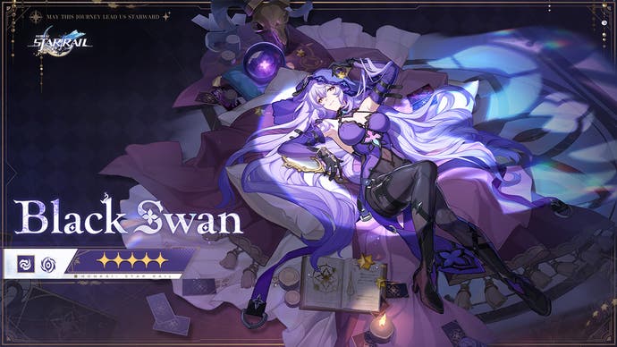 splash art drip marketing for Black Swan, a five star wind attacker of the nihility path who is a long violet haired lady wearing a purple corset and black trousers and a lilac hood