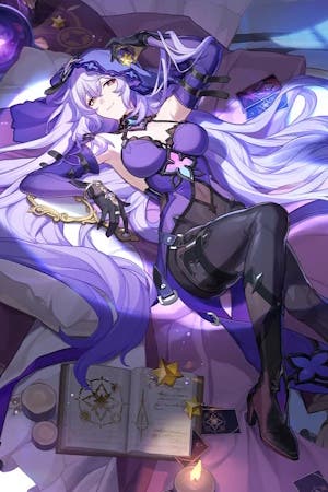 cropped art depicting a black swan, a tall woman wearing a purple corset and black leggings, with long purple hair and a purple hood