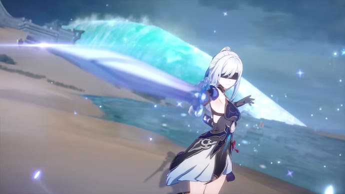 Jingliu mit Augenbinde auf dem Schwert mit einem Strand und einer Kulisse des Ozeans