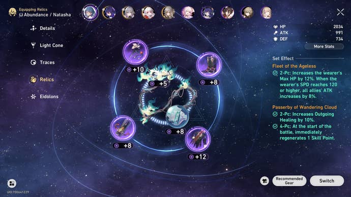 An image showing what relics and ornaments to equip to Natasha in Honkai Star Rail
