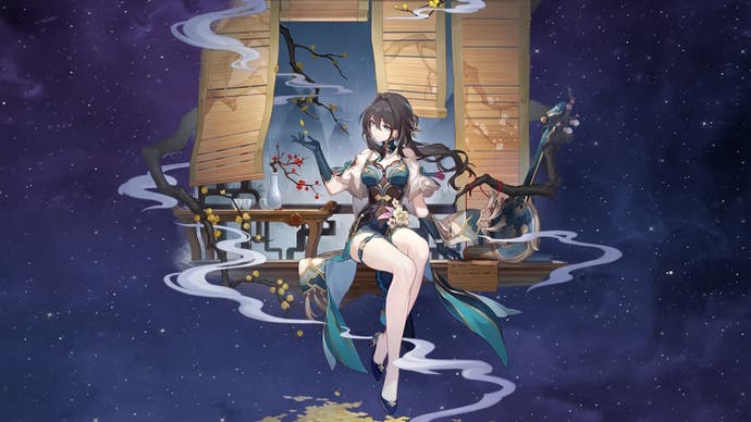 splash art of ruan mei on a dark blue background of space, and ruan mei is a long brown haired woman who wears a green leotard with  short white sleeves