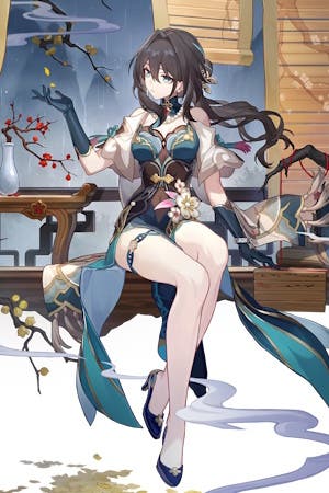 cropped splash art of ruan mei who is a long brown haired woman wearing a green leotard with short white sleeves