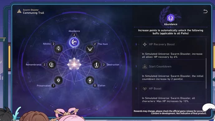Menu showing the buffs of path resonense in the swarm disaster event.