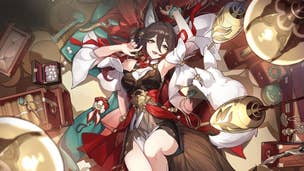 Honkai Star Rail Tingyun build: An anime girl with a red onesie and brown fox ears is lying amidst a cluster of lanterns and other objects