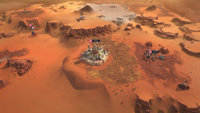 Ein Screenshot aus Shiros Echtzeit-4X-Spiel Dune: Spice Wars, der eine Siedlung in der Wüste zeigt.