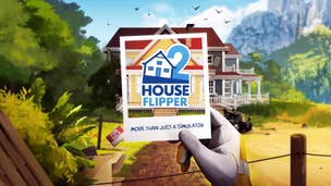 A gloved hand holds up a polaroid of House Flipper 2, with those same words printed on it, in front of a newly-built, beautiful house.