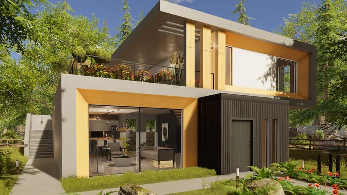 Una toma exterior de una hermosa casa moderna de dos pisos en House Flipper 2, rodeada por un jardín de pinos y un exuberante cielo azul.