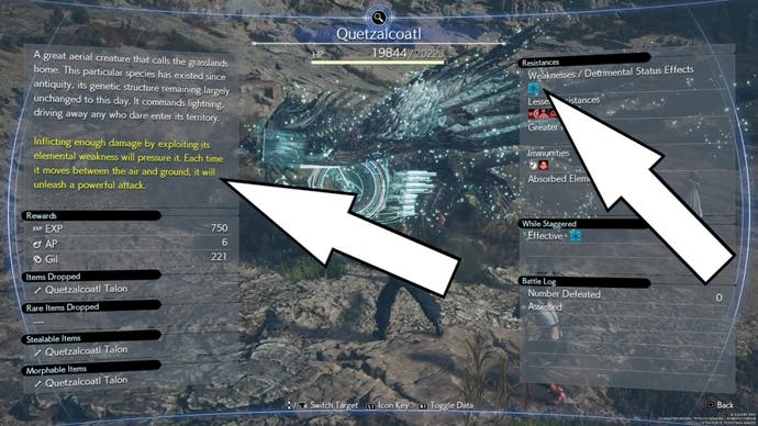 White arrows pointing to Quetzalcoatl's ice weakness and its description in the Assess menu of Final Fantasy 7 Rebirth.
