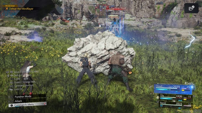 Cloud, Tifa, and Barret hide behind a rock during Mindflayer's Psychotic Break attack in Final Fantasy 7 Rebirth.