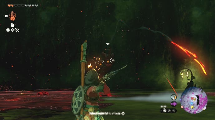 Link drawing his bow and arrow as he attacks a few remaining Gloom Hands enemies.