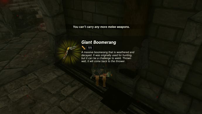In-game description of the Giant Boomerang in The Legend of Zelda: Tears of the Kingdom.