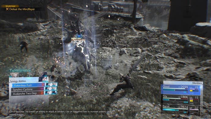 Time stood still with the Synergy Ability menu displayed during the Mindflayer boss fight in Final Fantasy 7 Rebirth.