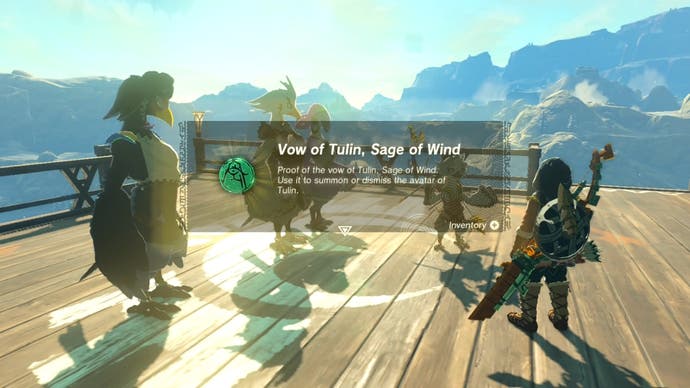 Link receiving the Vow of Tulin after completing the Wind Temple in The Legend of Zelda: Tears of the Kingdom.