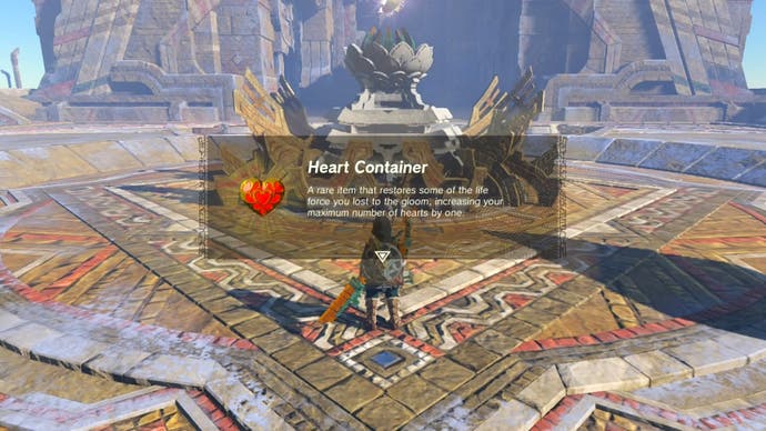Link receiving a Heart Container after completing the Wind Temple in Tears of the Kingdom.