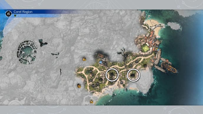 Map view of northern Corel with two circled Lifespring locations in Final Fantasy 7 Rebirth.